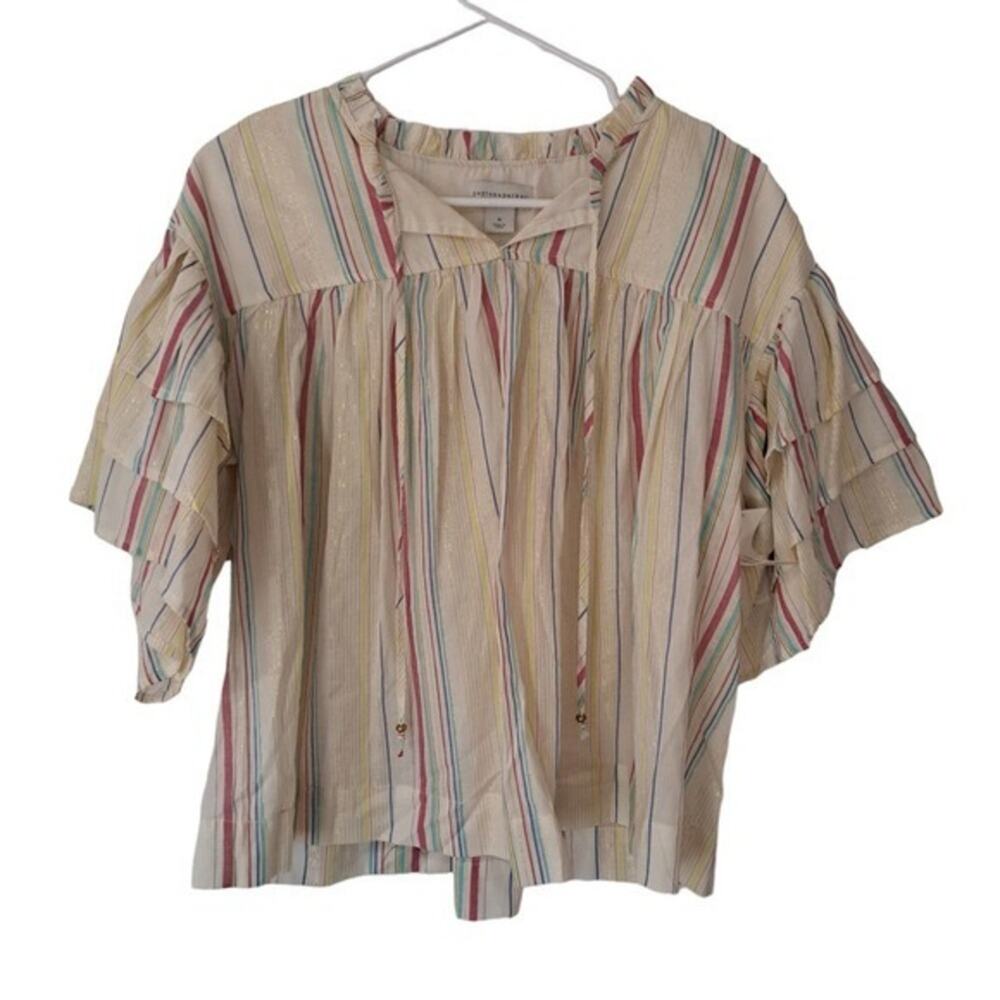 Peyton &‎ Parker Women’s Tunic Short Ruffled Sleeve Blouse Beige Stripes Size M